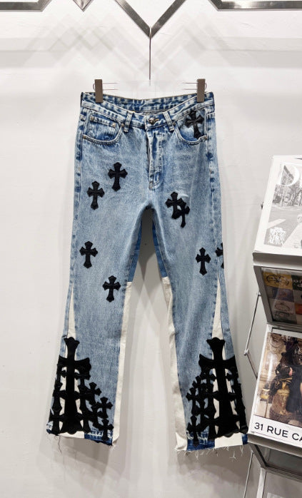 Chrome Hearts Light Blue & White-Paneled Black Cross Patch Denim Jeans Hover Image