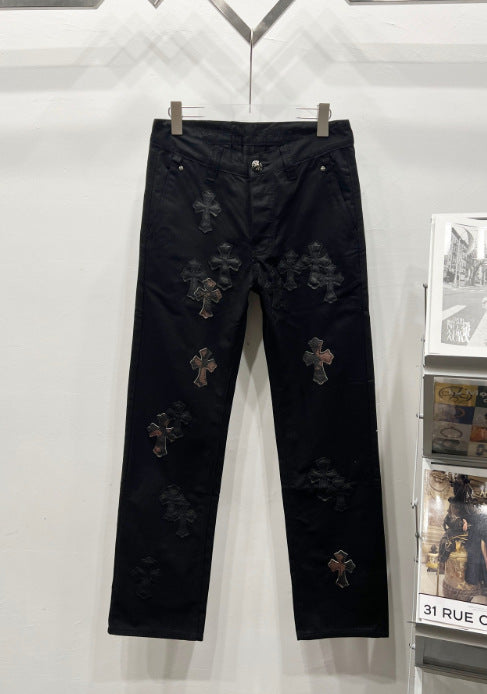 Chrome Hearts Black Leather Cross Patch Denim Jeans Hover Image