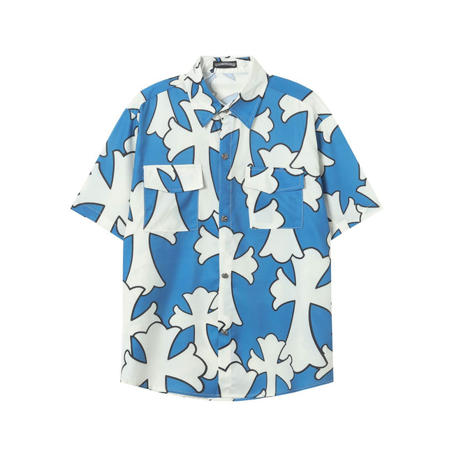Chrome Hearts Blue & White Large Cross Print Short-Sleeve Shirt Hover Image