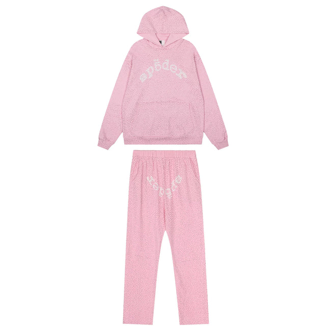 Sp5der Rhinestone Letter Graphic Pink Hoodie and Sweatpants Tracksuit Set Hover Image
