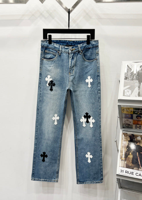 Chrome Hearts Classic Blue Black & White Cross Patch Denim Jeans Hover Image