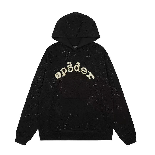 Sp5der Rhinestone Letter Graphic Black Pullover Hoodie Hover Image