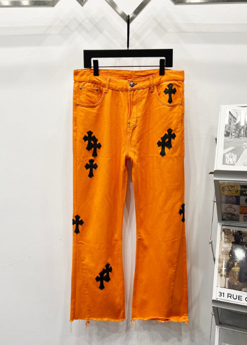 Chrome Hearts Bright Orange & Black Cross Patch Denim Jeans Hover Image