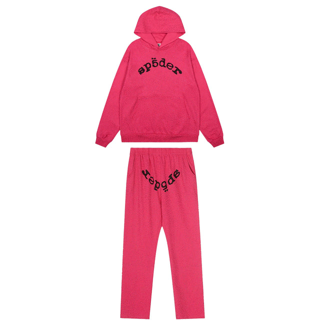 Sp5der Rhinestone Letter Graphic Hot Pink Hoodie and Sweatpants Tracksuit Set Hover Image