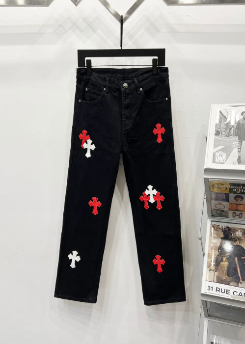 Chrome Hearts Black & Red-White Cross Patch Denim Jeans Hover Image