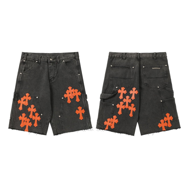 Chrome Hearts Black Heavy Wash & Vibrant Orange Cross Patch Denim Shorts Hover Image