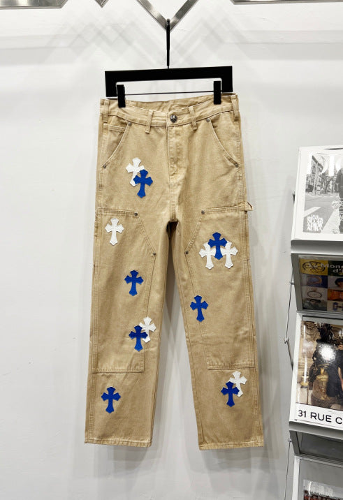 Chrome Hearts Khaki & Blue-White Cross Patch Denim Jeans Hover Image