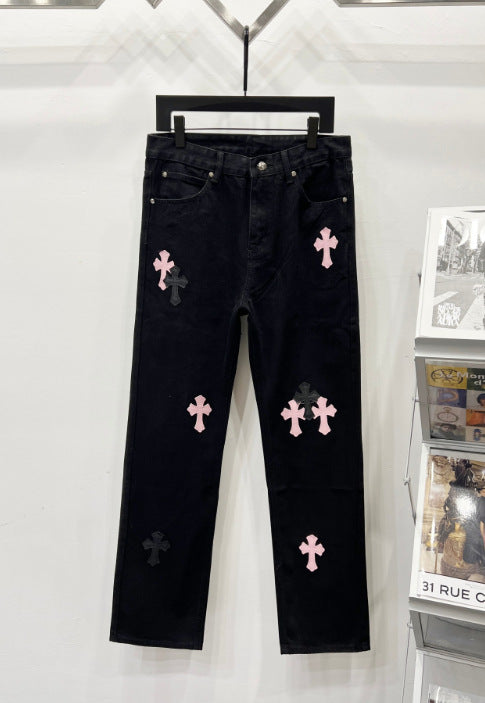 Chrome Hearts Black & Pink-Black Cross Patch Denim Jeans Hover Image