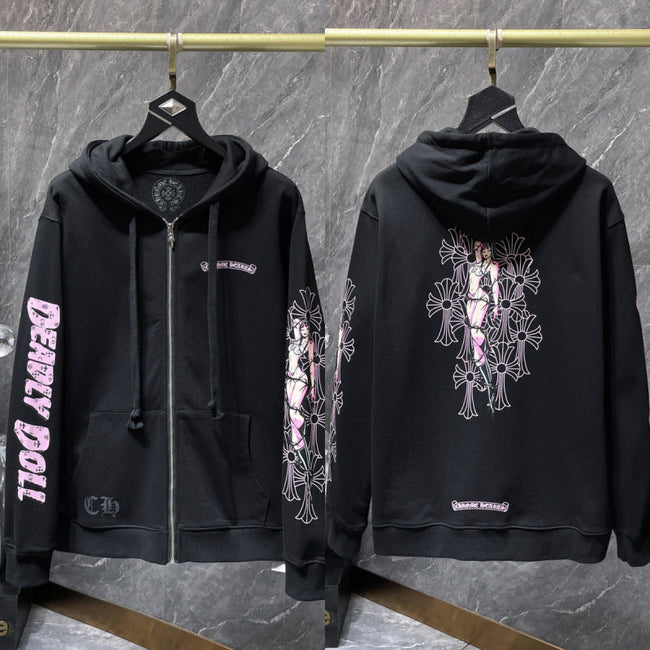 Chrome Hearts "DEADLY DOLL" Pink Scroll & Anime Zip-Up Hoodie (Black) Hover Image