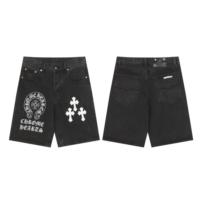 Chrome Hearts Black Horseshoe Print & White Cross Patch Denim Shorts Hover Image