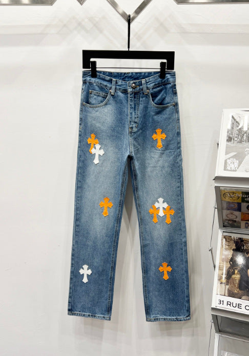 Chrome Hearts Blue Orange & White Cross Patch Denim Jeans Hover Image