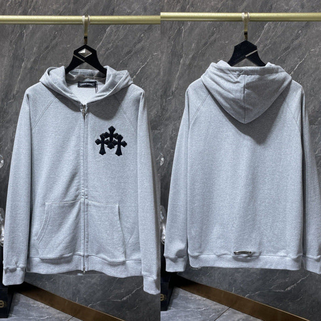 Chrome Hearts Black Floral Cross Zip-Up Hoodie (Light Grey) Hover Image