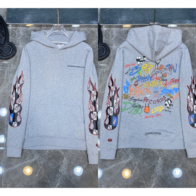 Chrome Hearts Skull Flame Sleeve & Graffiti Back Hoodie (Light Grey) Hover Image
