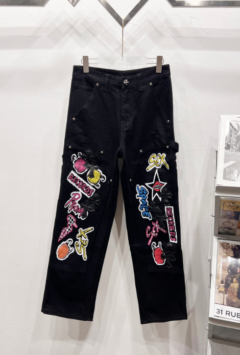 Chrome Hearts Black & Multi-Color Cartoon Patch Denim Jeans Hover Image