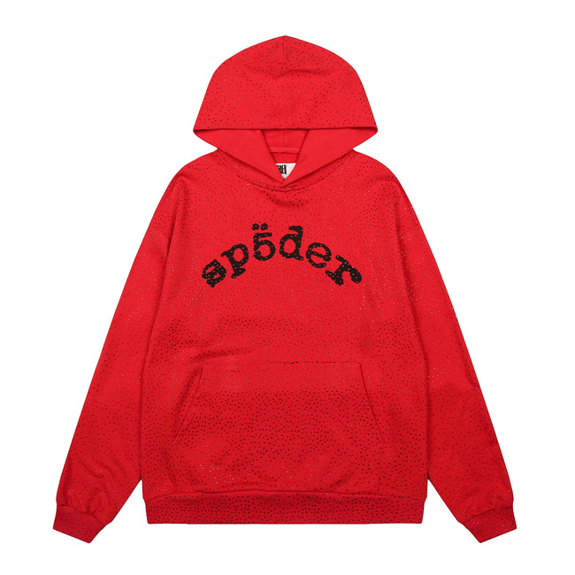 Sp5der Rhinestone Letter Graphic Red Pullover Hoodie Hover Image