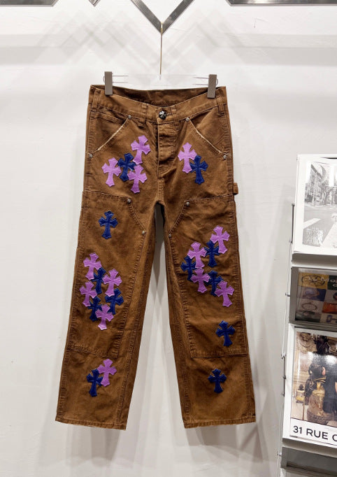 Chrome Hearts Brown & Purple-Blue Cross Patch Denim Jeans Hover Image