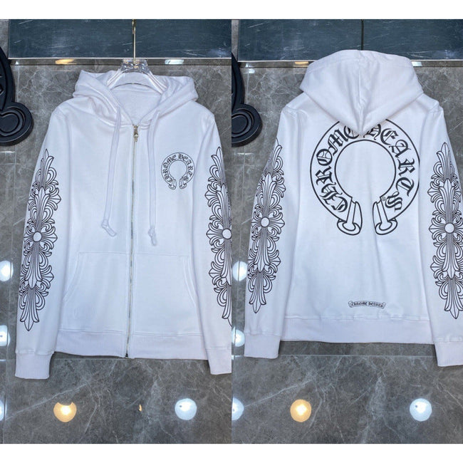 Chrome Hearts Horseshoe & Floral Cross Zip-Up Hoodie (White) Hover Image