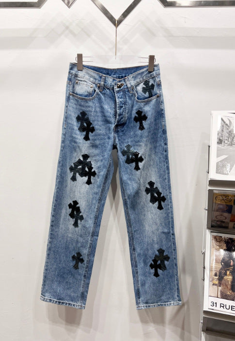 Chrome Hearts Classic Blue & Black Cross Patch Denim Jeans