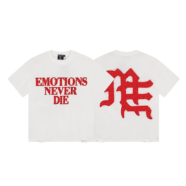 MIXED EMOTION "Emotions Never Die" Gothic Logo Graphic Short Sleeve T-Shirt - Off-White / Red Hover Image