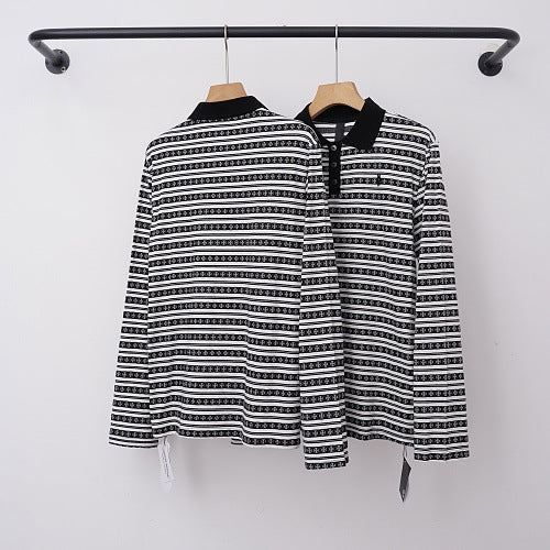 Chrome Hearts Fine Striped Long Sleeve Polo (Black/White) Hover Image