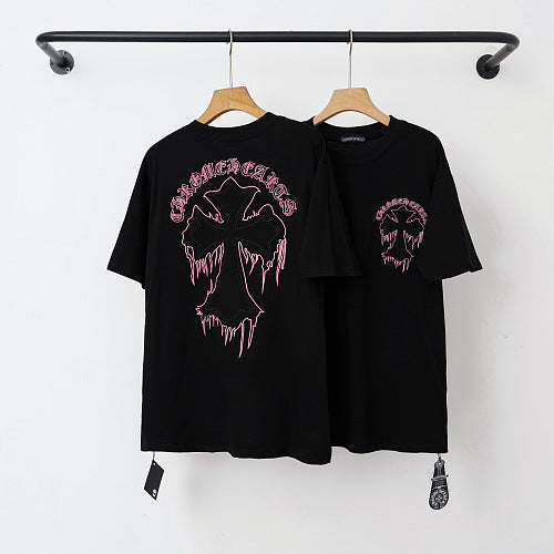 Chrome Hearts Melted Drip Cross Graphic Short Sleeve T-Shirt (Black/Pink) Hover Image