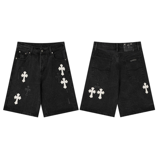 Chrome Hearts Black & White Cross Patch Denim Shorts Hover Image