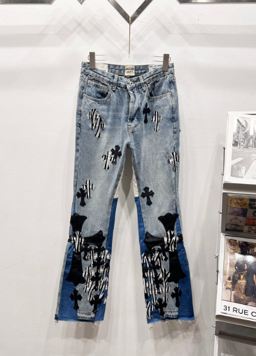 Chrome Hearts Light Blue & Large Black Cross Patch Denim Jeans Hover Image