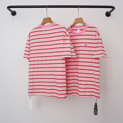 Chrome Hearts Monogram Striped Short Sleeve T-Shirt (Pink/White) Hover Image