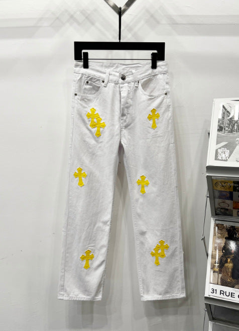 Chrome Hearts White & Yellow Cross Patch Denim Jeans Hover Image