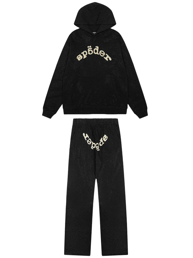 Sp5der Rhinestone Letter Graphic Hoodie and Sweatpants Tracksuit Set Hover Image