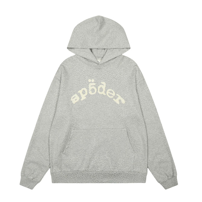 Sp5der Rhinestone Letter Graphic Grey Pullover Hoodie Hover Image