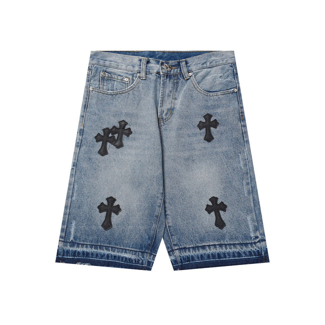 Chrome Hearts Classic Blue & Black Cross Patch Denim Shorts Hover Image