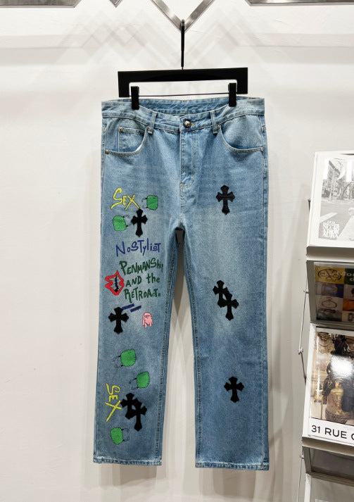 Chrome Hearts Graffiti & Black Cross Patch Denim Jeans Hover Image