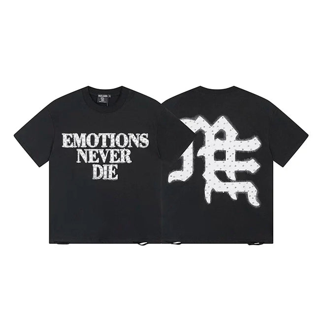 MIXED EMOTION "Emotions Never Die" Gothic Logo Graphic Short Sleeve T-Shirt - Black / White Hover Image