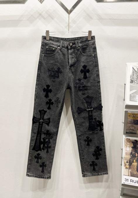 Chrome Hearts Gray-Black & Large Asymmetric Black Cross Patch Denim Jeans Hover Image
