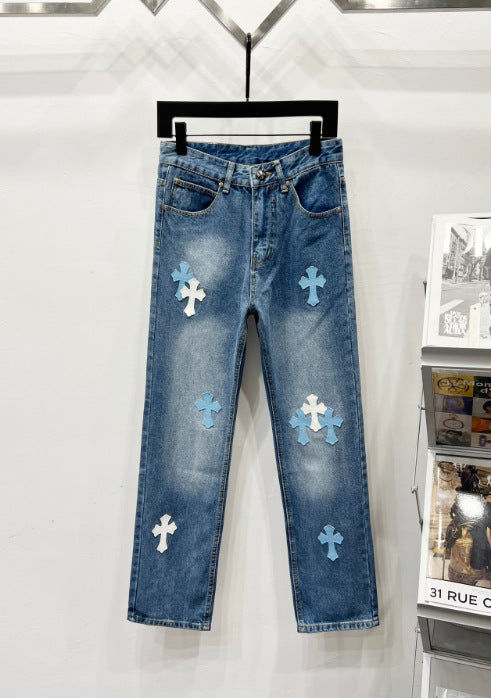 Chrome Hearts Classic Blue & Light Blue-White Cross Patch Denim Jeans Hover Image