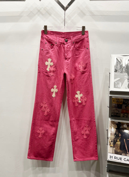 Chrome Hearts Magenta Hot Pink Cross Patch Denim Jeans Hover Image