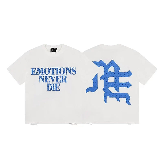 MIXED EMOTION "Emotions Never Die" Gothic Logo Graphic Short Sleeve T-Shirt - Off-White / Blue Hover Image