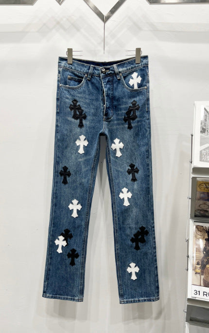Chrome Hearts Classic Blue & Black-White Cross Patch Denim Jeans Hover Image