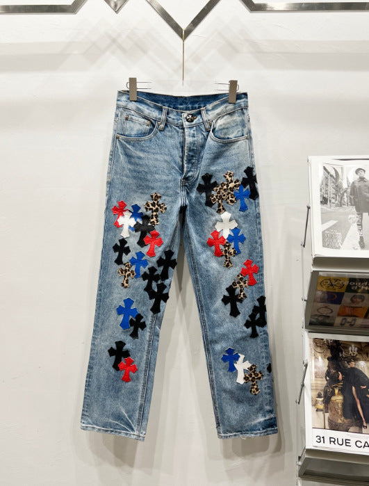 Chrome Hearts Multi-Color & Leopard Cross Patch Denim Jeans Hover Image