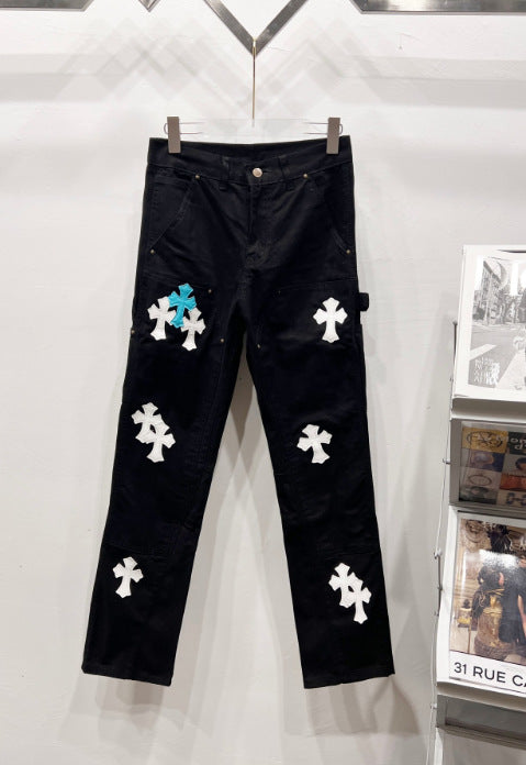 Chrome Hearts Black & Light Blue-White Cross Patch Denim Jeans Hover Image