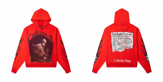 Vintage "Godspeed" Black Monday Newspaper Skull Oversized Red Hoodie Hover Image