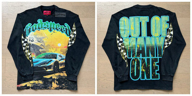 Godspeed "Out of Many, One" Sports Car Graphic Vintage-Wash Long Sleeve Tee Hover Image