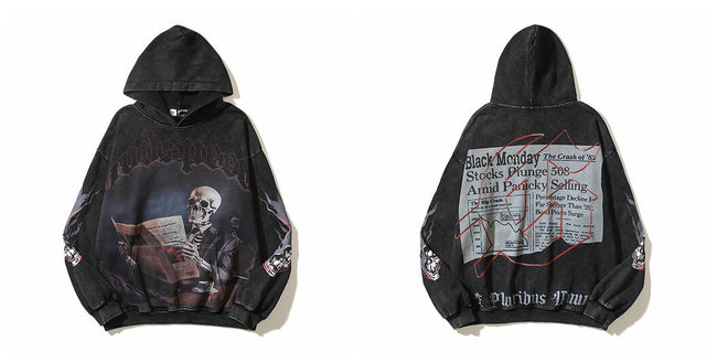 Vintage "Godspeed" Black Monday Newspaper Skull Oversized Hoodie Hover Image