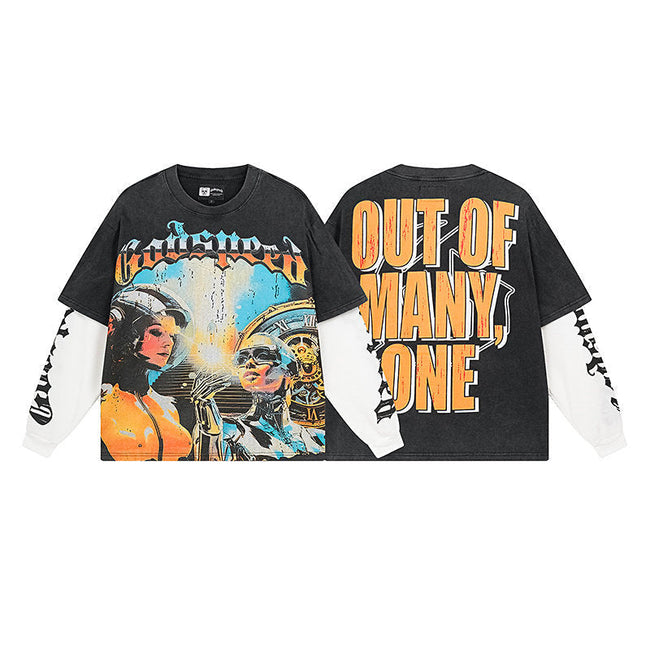 Godspeed "Out of Many, One" Futuristic Sci-Fi Graphic Black Layered-Look Long Sleeve Tee Hover Image