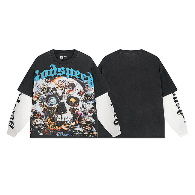 Godspeed Floral Skull Black Layered-Look Long Sleeve Tee Hover Image