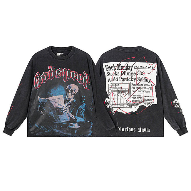 Godspeed "E Pluribus Unum" Black Monday Newspaper Skeleton Black Long Sleeve Tee Hover Image